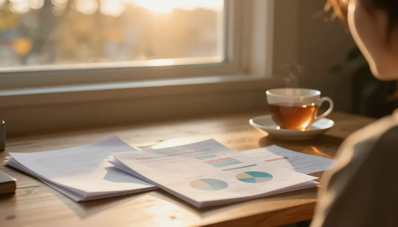Comparison charts and documents on a sunlit desk
